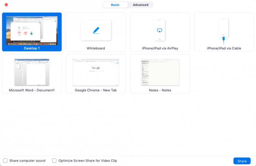 Selection of windows and applications you can share in Zoom. 'Desktop' option highlighted.