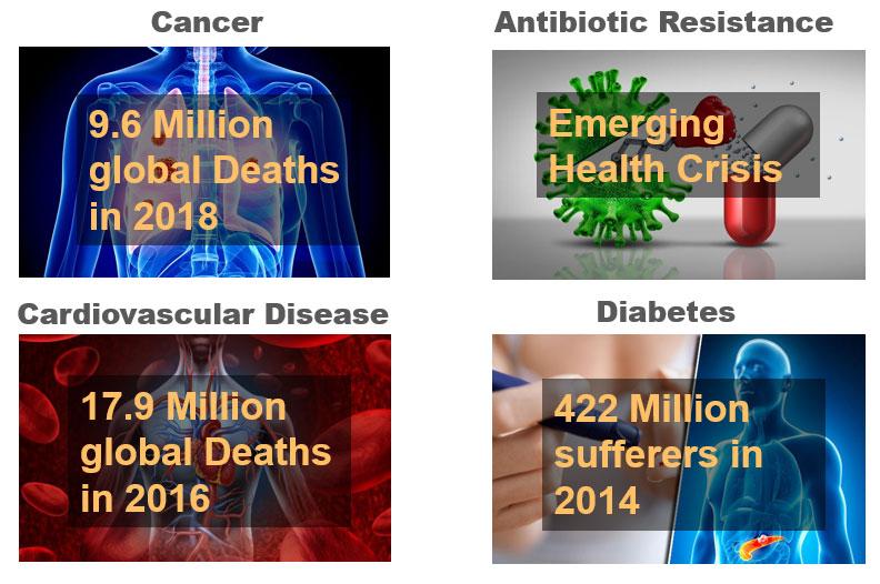 Cancer, Antibiotic Resistance, Cardiovascular Disease, Diabetes