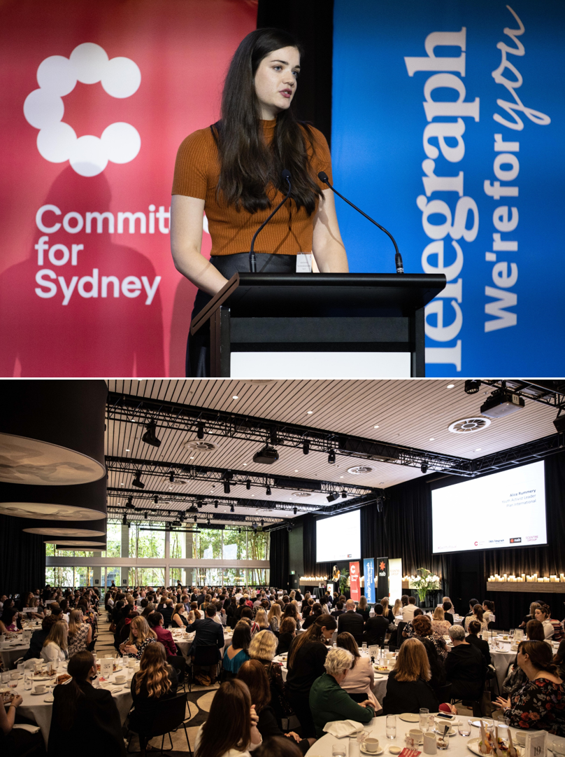 Alice Rummery UTS FASS alumni - Alice giving the Youth Keynote Address at the Committee for Sydney’s International Women’s Day Event (March 2020) to launch the Sydney Women’s Safety Charter