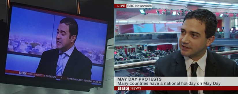 Two images of Seref reporting for BBC in the studio