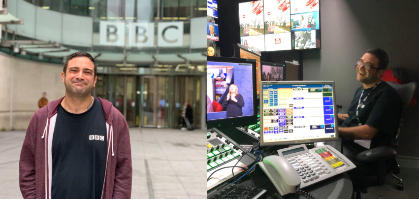 Two images - on the left Seref is standing outside the main entrance to the London BBC studios. On the right, he is sitting in a production studio.