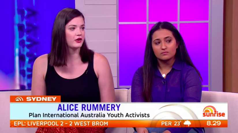 Alice on Sunrise (April 2018) alongside fellow UTS student Kripa Krithivasan on the launch of Plan International’s global women’s safety initiative, "Free to Be".