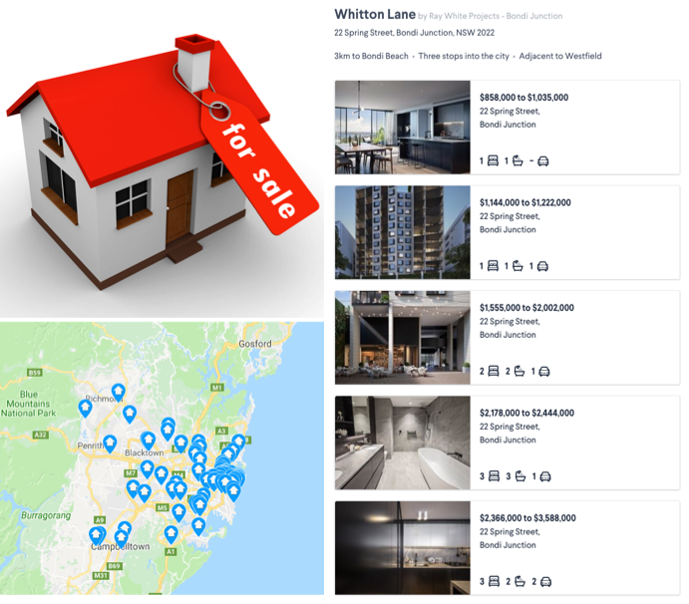 House image with different real estate prices for the same address and map of Sydney with location icons