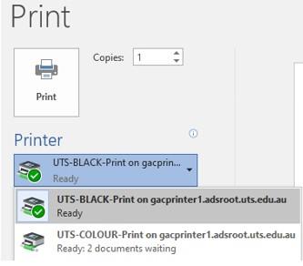 Screenshot of available print options from a general access or lab computer at UTS