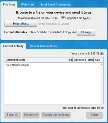 Screenshot of cloud printing options available at UTS