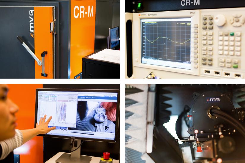 Grid of four images, clockwise from top left: MVG mini compact range antenna chamber, PNA network analyser, Real-time observation of in-situ antenna patterns, Close-up view of compact range feed