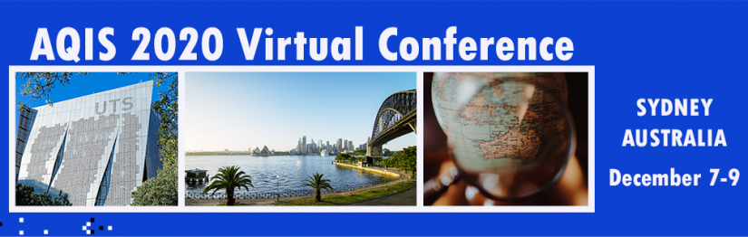 AQIS 2020 banner with images of UTS, Sydney Harbour and globe with Australia being highlighted by a magnifying glass