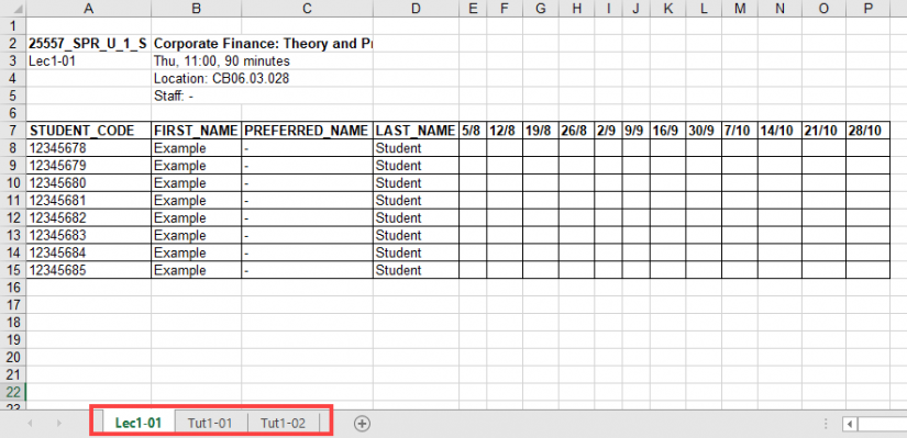 My Timetable application Excel output screengrab