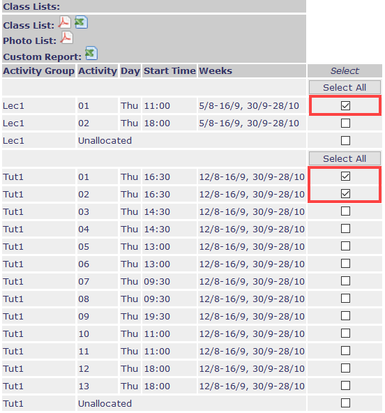 My Timetable application on choosing classes screengrab