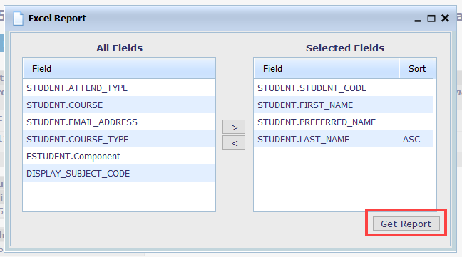 My Timetable application select fields for file screengrab