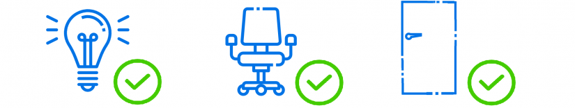 icon of a lightbulb, a chair and closed door indicating that during your exam the lights should be on, your chair should be comfortable, and the door should be closed.