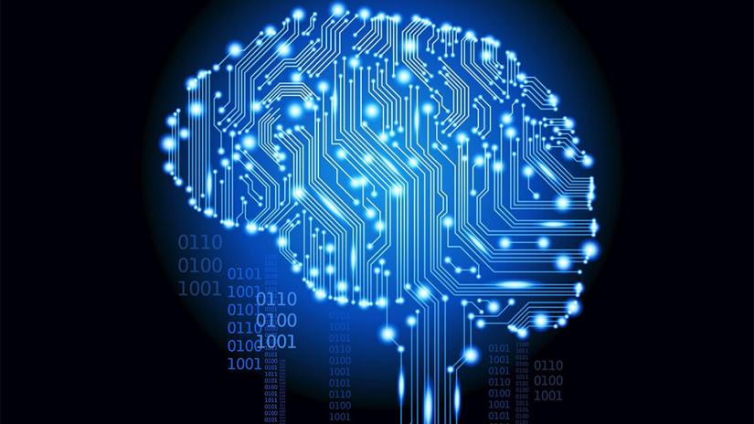 Image of an abstract brain made of circuits with binary code in background