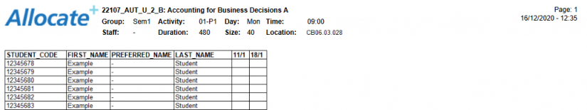 My Timetable application PDF output screengrab