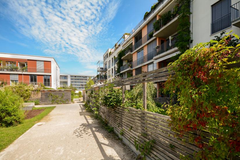 Modern residential buildings, new apartment houses with green outdoor facilities in the city