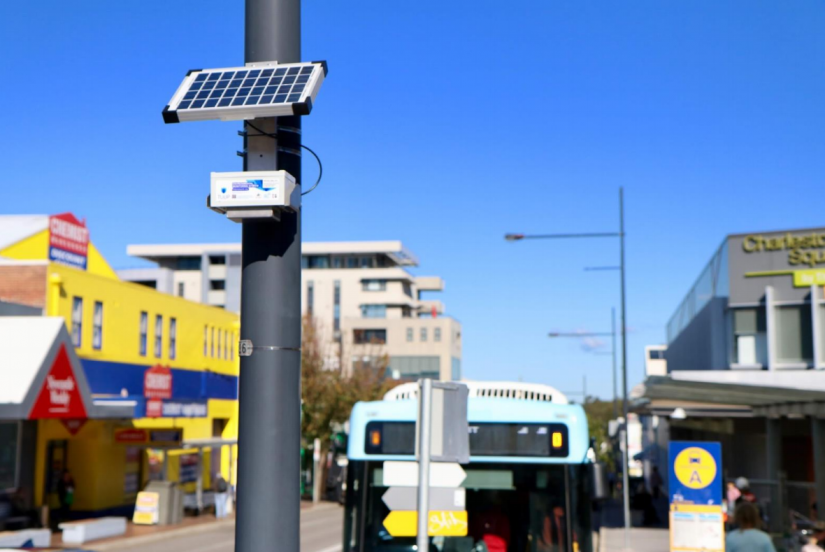 Solar panel and sensor on street telegraph pole