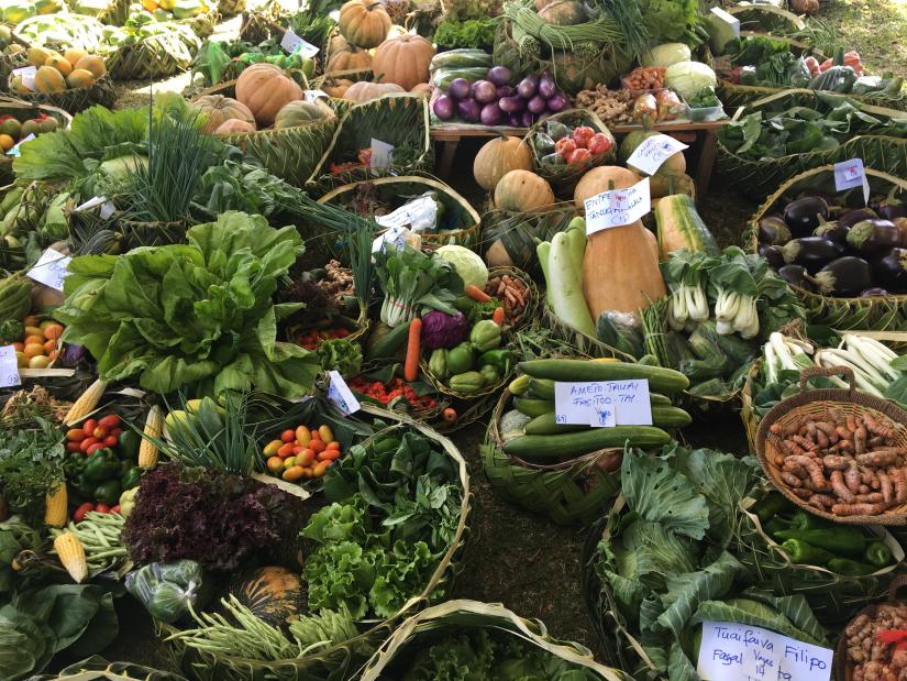 Fresh fruit and vegetables with labels