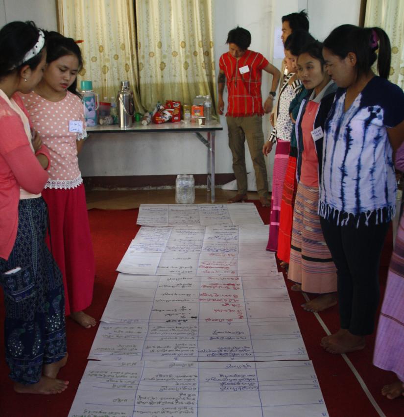 Women talking and looking at hand drawn chart along the floor