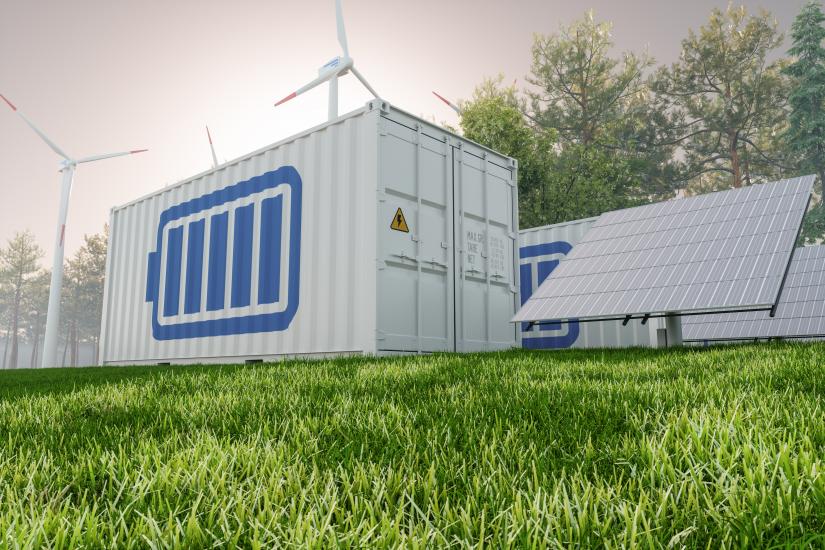 Solar panel, wind turbines and Li-ion battery storage container