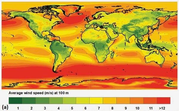 A diagram map of the world showing wind speed