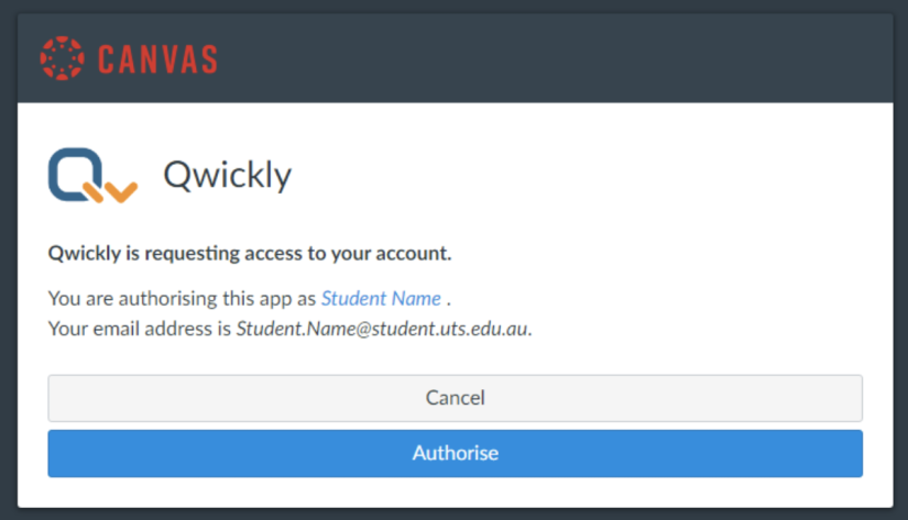 Screenshot of a Canvas notification where Qwickly is requesting access to the account. Your options are to cancel or authorise.
