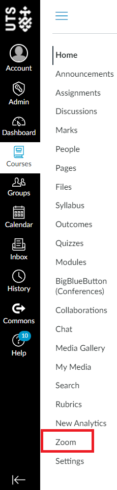 Screenshot of a student's canvas page, with a red box around the 'Zoom' link on the left-hand navigation menu