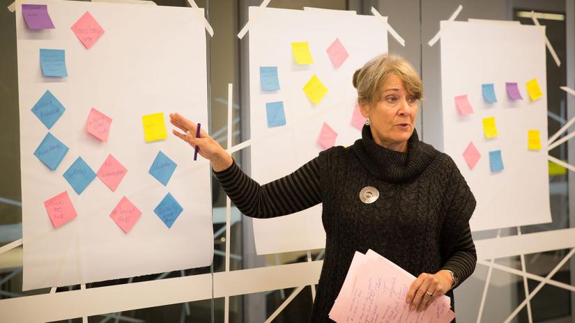 Lecturer teaching with post-it notes on whiteboards