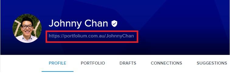 Screenshot of Portfolium profile page highlighting the URL to share your profile