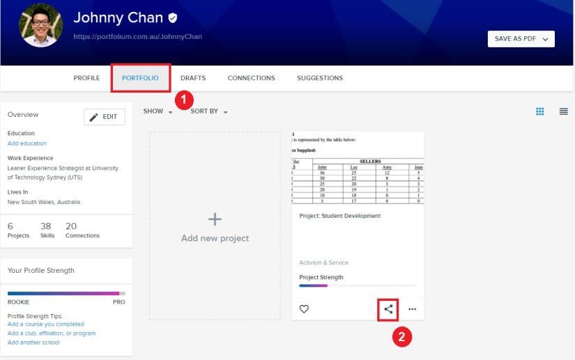 Screenshot showing how to share specific projects in your Portflium portfolio