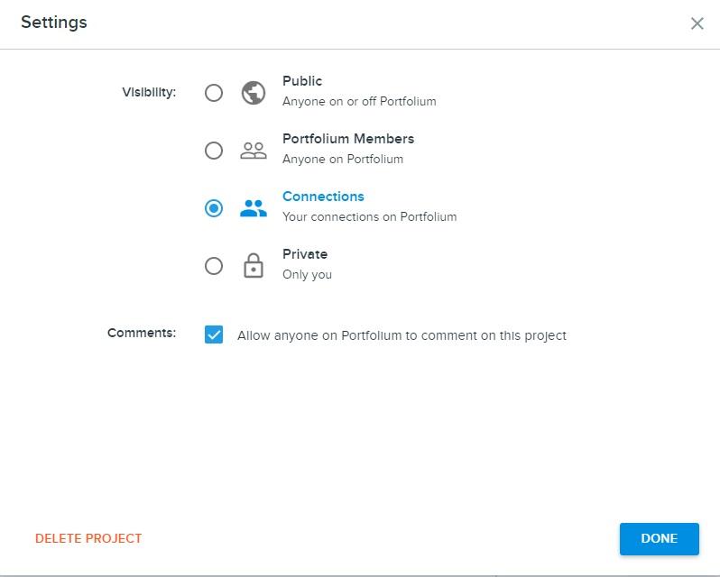 Screenshot from Portfolium showing visibility settings of Portfolium projects