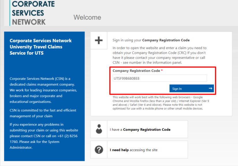 Screenshot of Corporate Services Network sign in webpage
