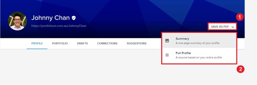 Screenshot showing how to export and download your Portfolium profile and portfolio