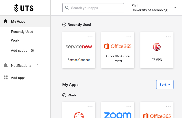 Screenshot of the Okta dashboard with a left nav menu, a 'Recently used' section heading with three app icons and text labels