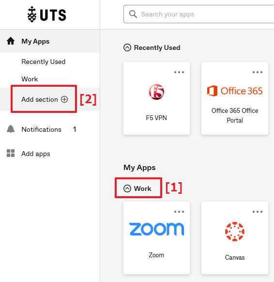 Screenshot of the Okta dashboard with a left nav menu with a red box around 'Add section', app tiles, and a red box around the 'Work' section heading