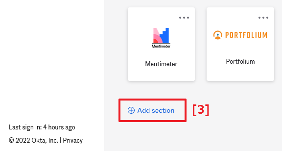 Screenshot of the Okta dashboard with a left nav menu, with a red box around 'Add section' underneath app tiles