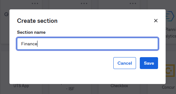 Screenshot of a 'Create section' box with 'Finance' written in an entry field surrounded by a blue box