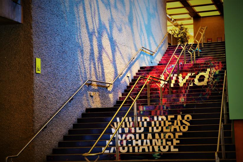 UTS tower steps lit up for Vivid