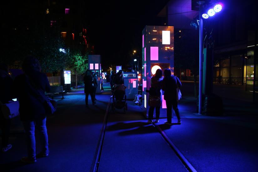 Mirrored City display on the goods line at night