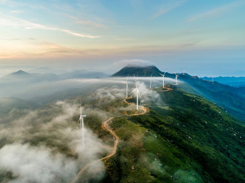 The wind field of the mountain ridge. High angle aerial photography.