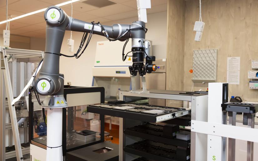 the robot sorts through trays of different types of algae.