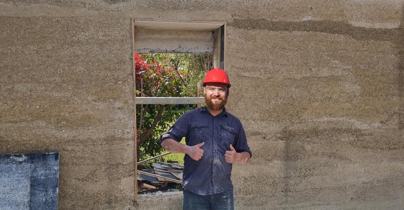 Dr Peter Irga with a hempcrete panel