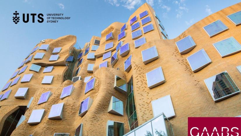 UTS Business School building with event sponsor logos