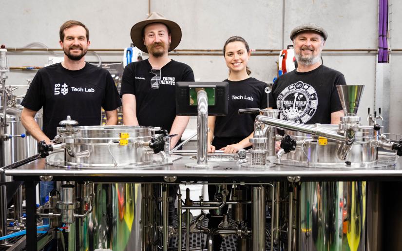 Dr Nick Bennett, Young Henrys' Head Brewer Jesse Searls, UTS PhD student Laryssa Raffa, and Young Henrys' co-Founder Richard Adamson