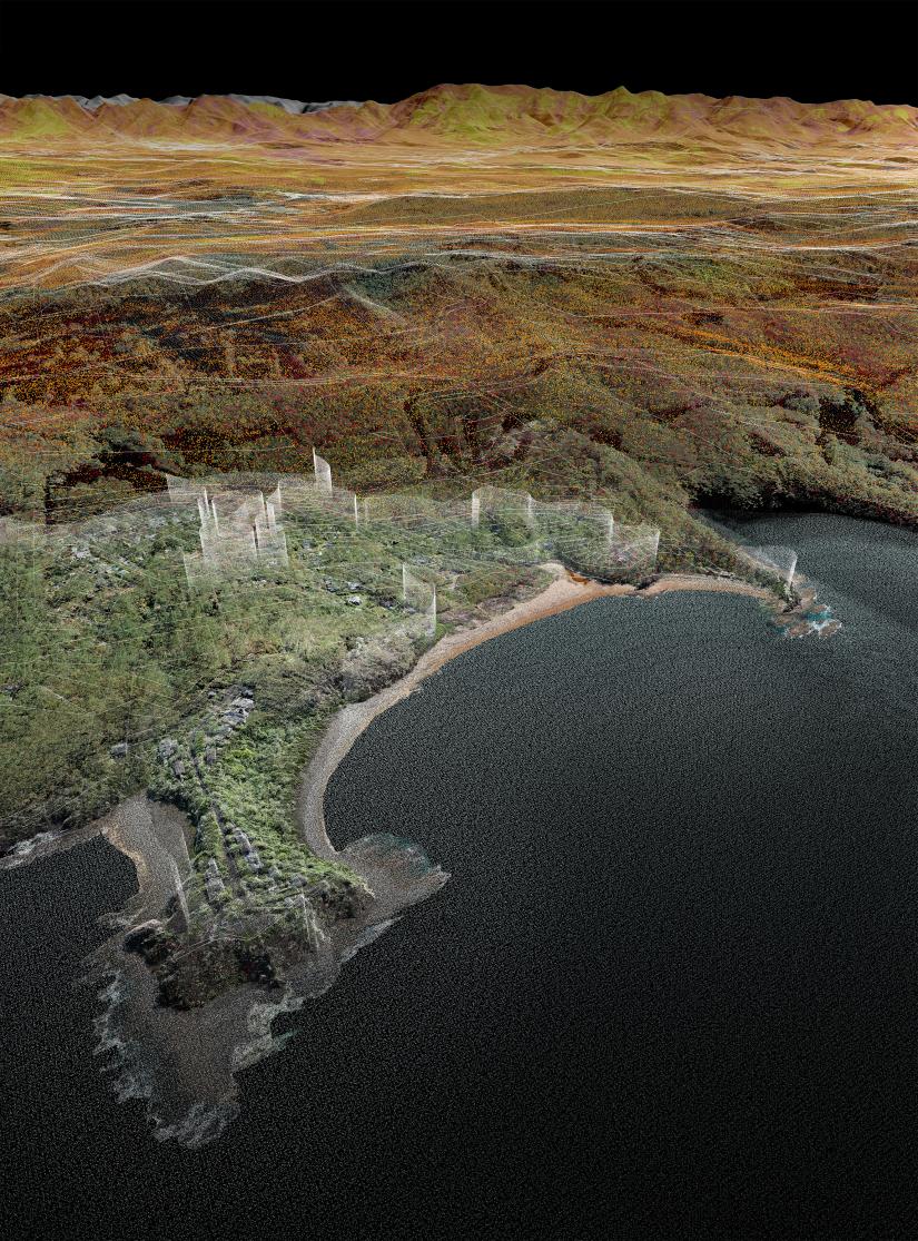 A 3D render of coastline stretching back to mountains depicted from a high altitude point of view
