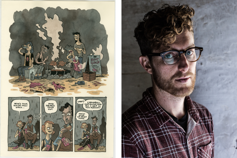 Left: Excerpt from The Grot. Right: head and shoulders portrait of Pat Grant 