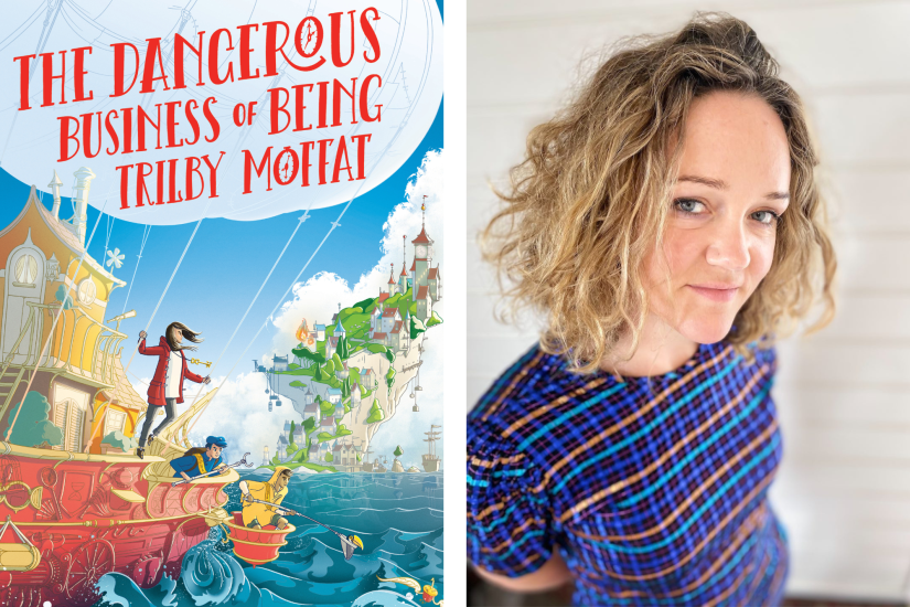 Left: Cover of The Dangerous Business of Being Trilby Moffat. Right: head and shoulders portrait of Kate Temple.