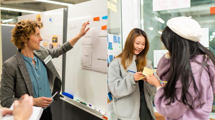 Collage of a woman in front of a whiteboard, and two woman talking to each other