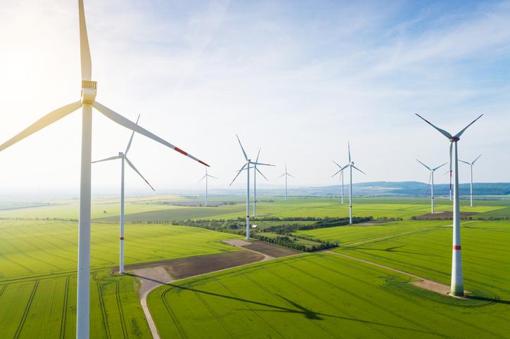 Wind turbines on green grass