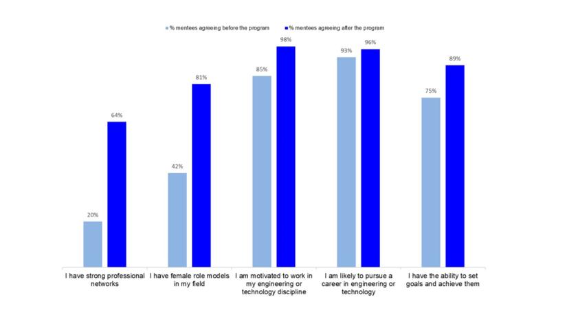 Bar graph showing pre and post program impact on mentees' motivation and networks
