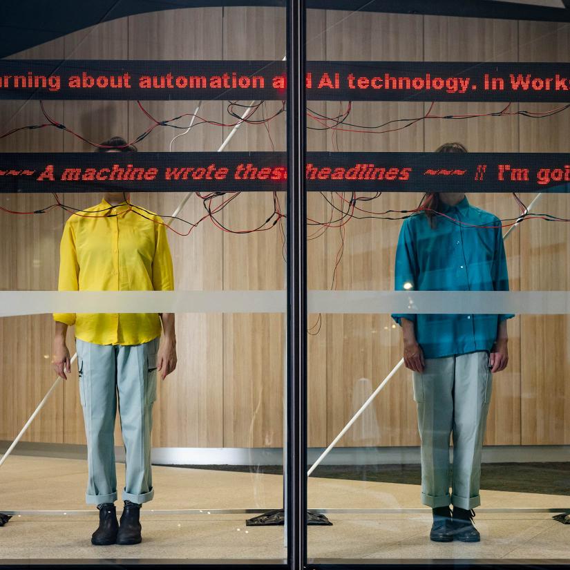 Two people stand with their faces obscured by a screen.