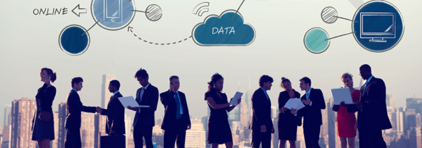 group of business people pictured from the middle ground engaging in conversation, talking on phones and other business like behaviours with a city skyline in the background